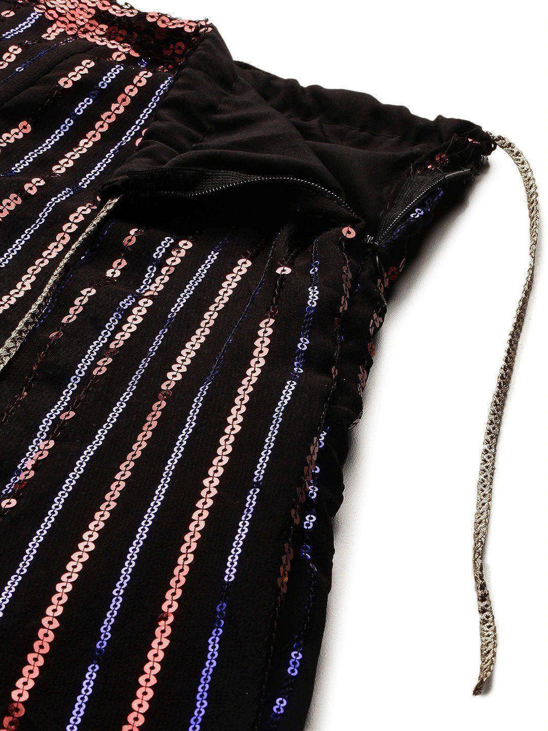 Black sequin ethnic gown with pink and blue stripes, drawstring waist detail
