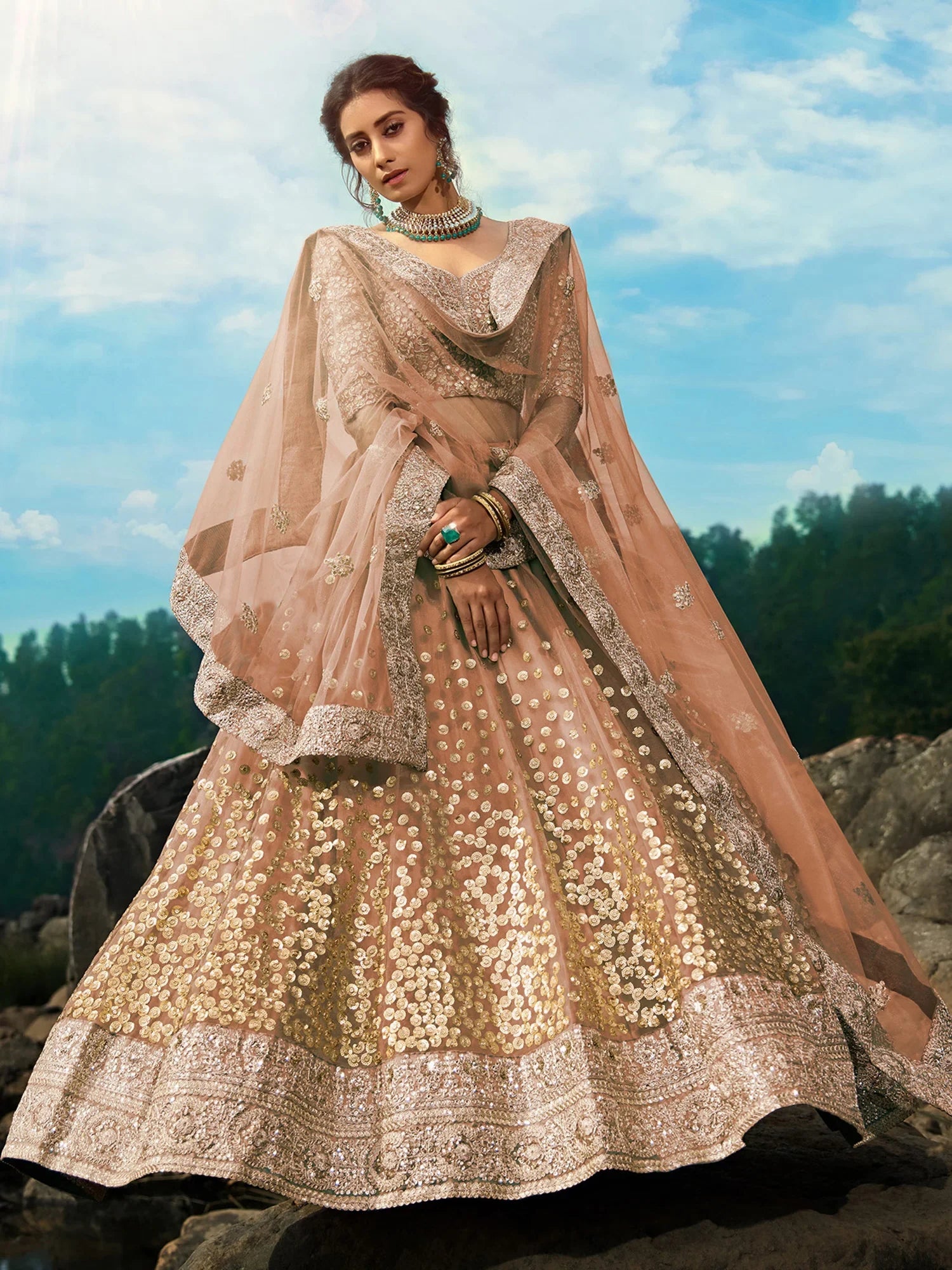 Fabulous Brown Sequins Net Wedding Wear Plus Size Lehenga Choli