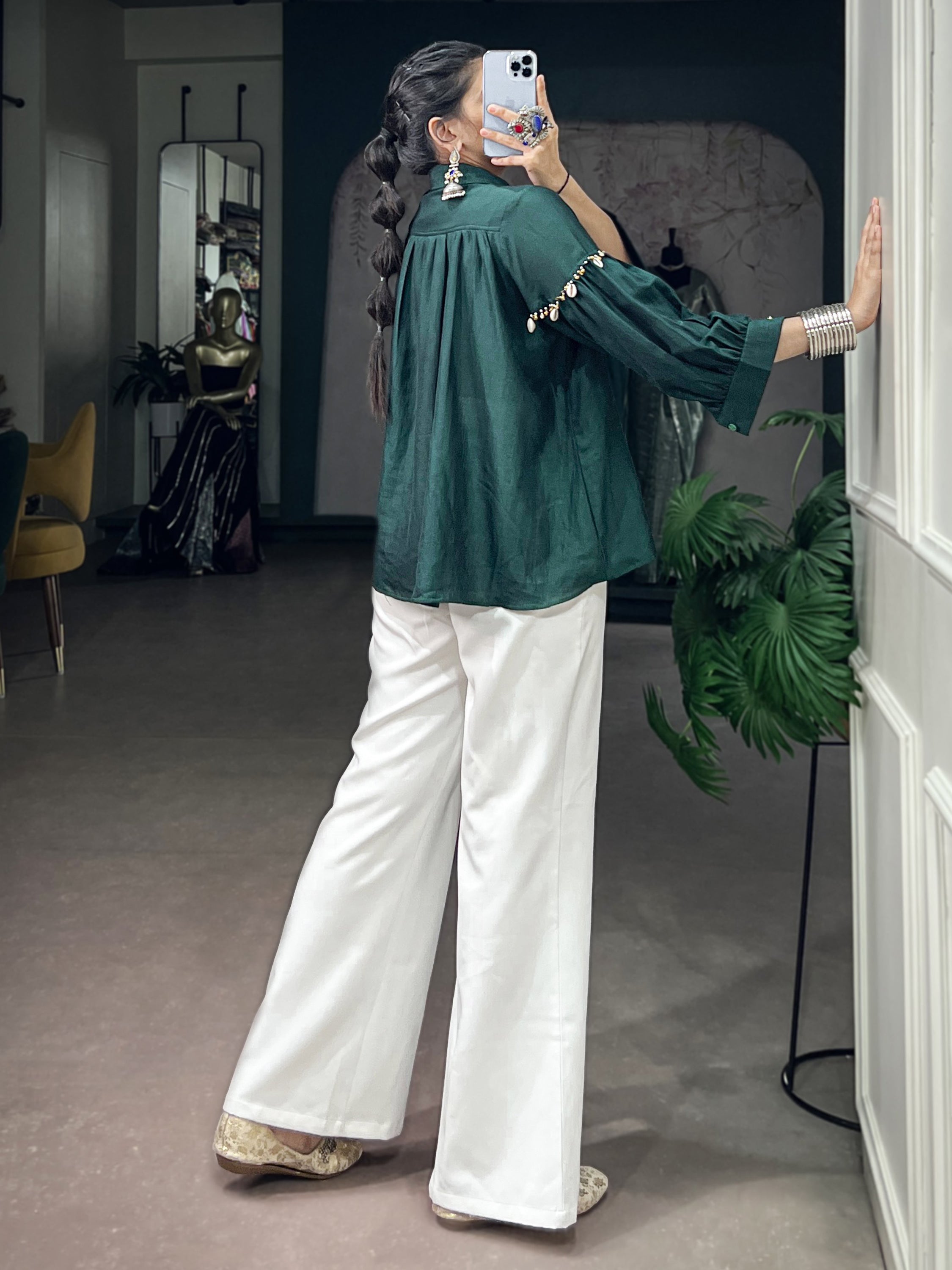 Fantastic Green Pearl Work Chinon Festive Special Shirt