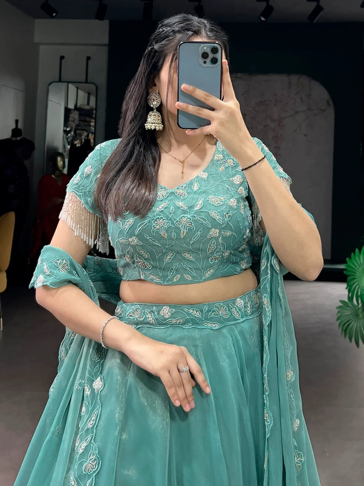 Stunning Sea Green Bead Work Organza Mehendi Wear Lehenga With Blouse