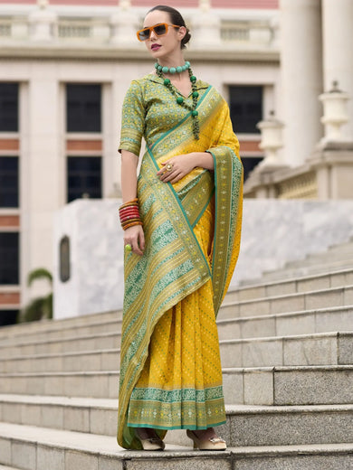 Beautiful Yellow Weaving Banarasi Silk Haldi Wear Saree With Blouse