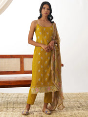 Stunning Mustard Yellow Thread Work Organza Haldi Wear Straight Suit