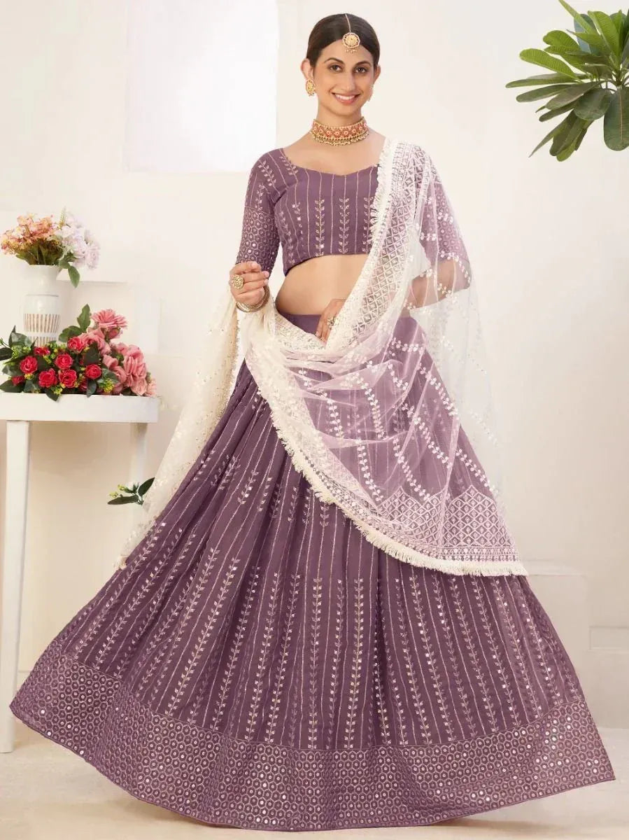 Purple embroidered lehenga choli with white dupatta, perfect for Indian ethnic wear occasions