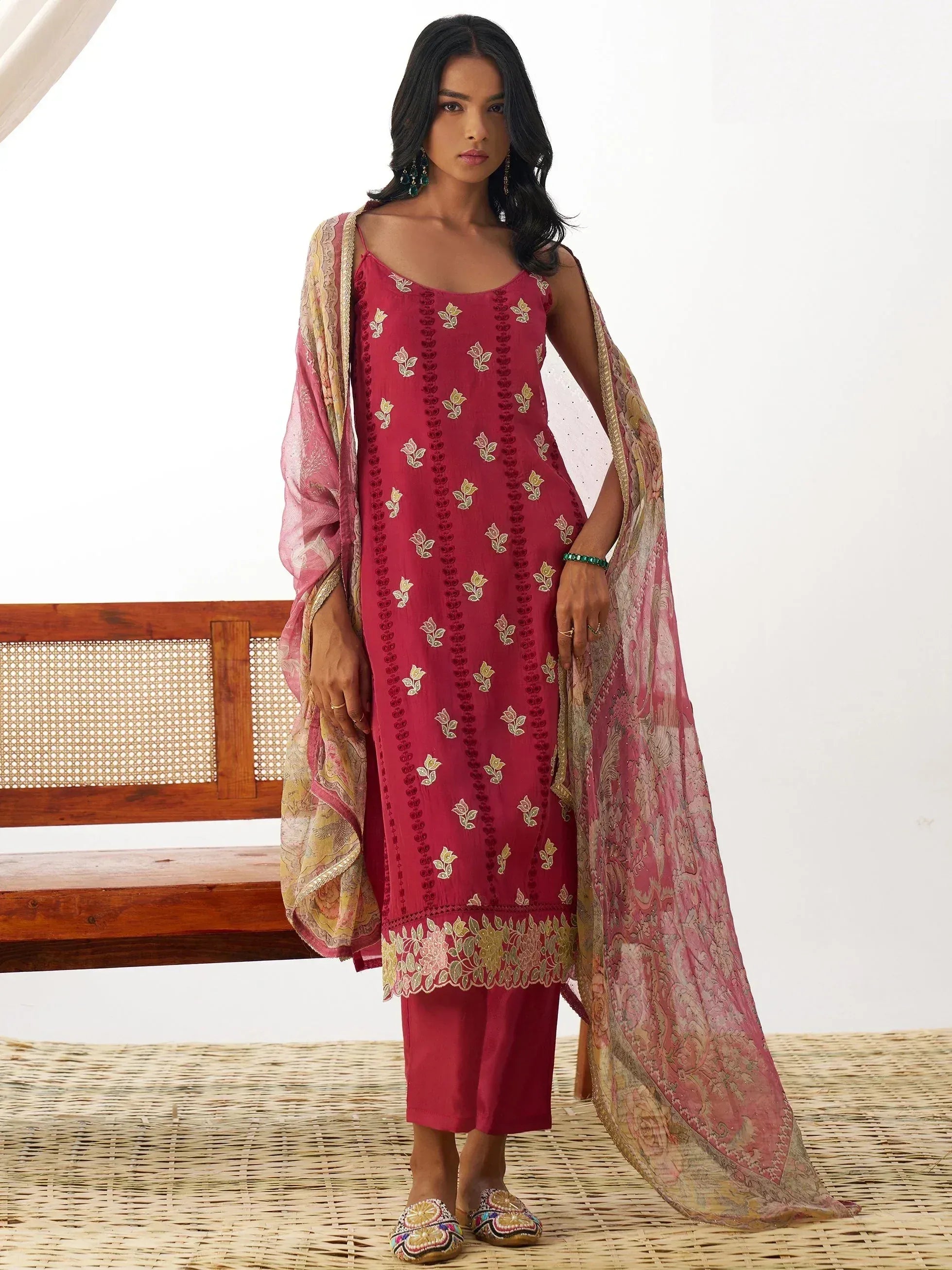 Maroon embroidered salwar kameez with floral dupatta, Indian ethnic wear for women