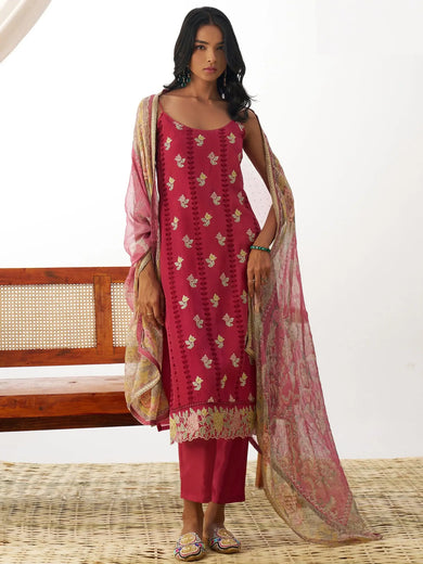 Beautiful Red Thread Embroidery Organza Party Wear Straight Suit