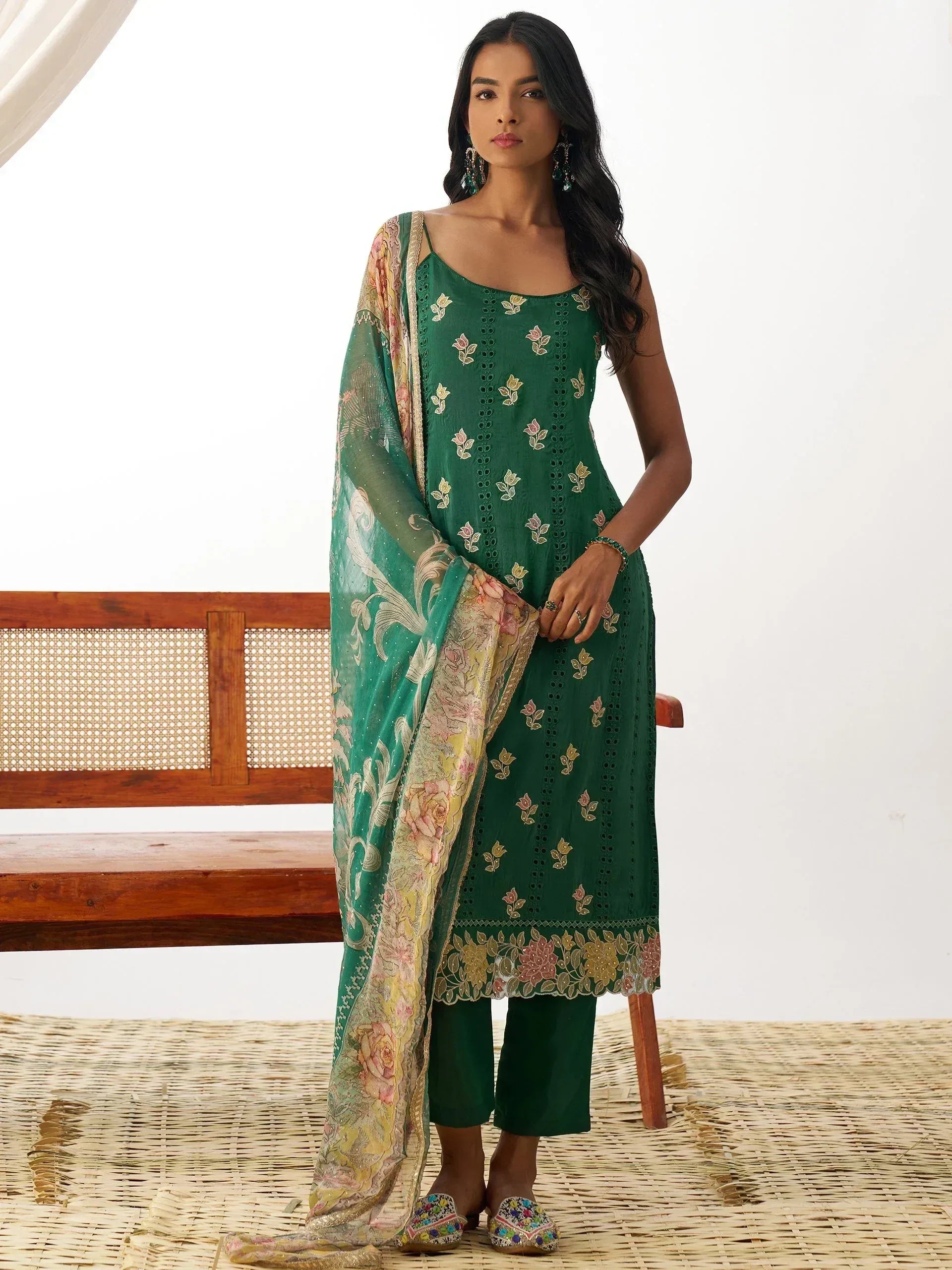 Emerald green embroidered kurta with floral dupatta, ethnic wear for women
