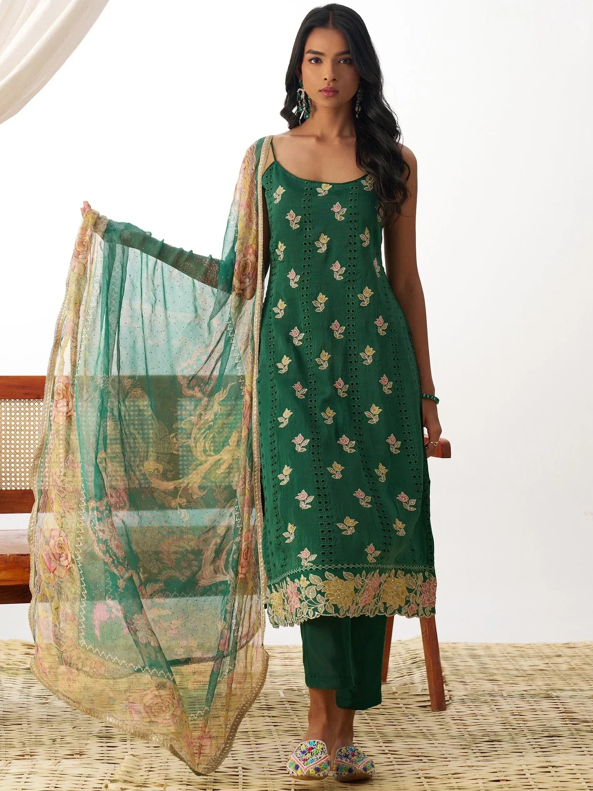 Green embroidered salwar kameez with floral dupatta, Indian ethnic wear for women