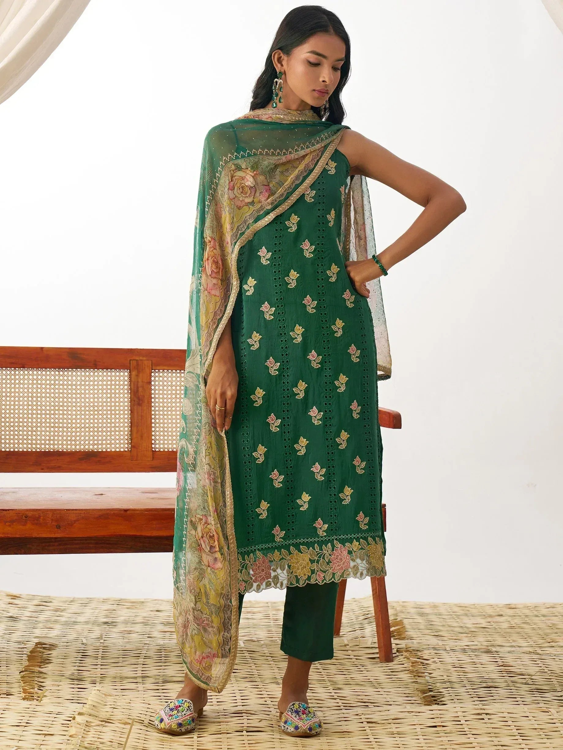 Emerald green embroidered salwar kameez with floral dupatta, ethnic Indian wear
