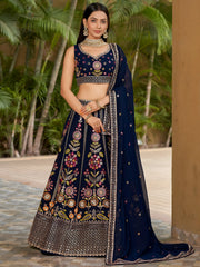 Amazing Navy Blue Thread Embroidered Georgette Lehenga Choli