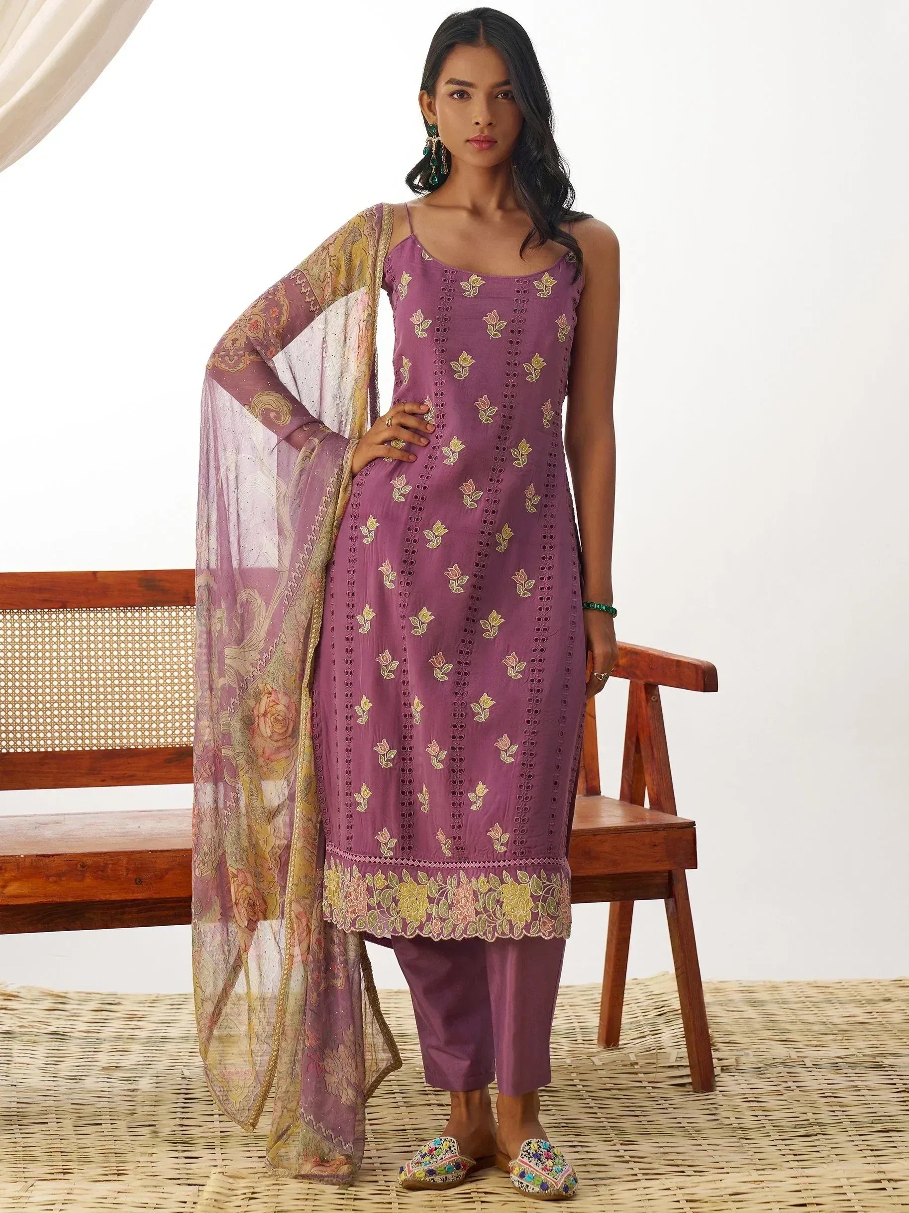 Purple floral embroidered salwar kameez with matching dupatta, ideal for Indian ethnic wear occasions