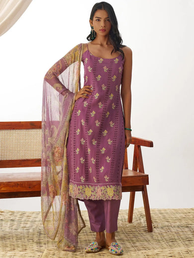 Magnetic Purple Thread Embroidery Organza Traditional Straight Suit