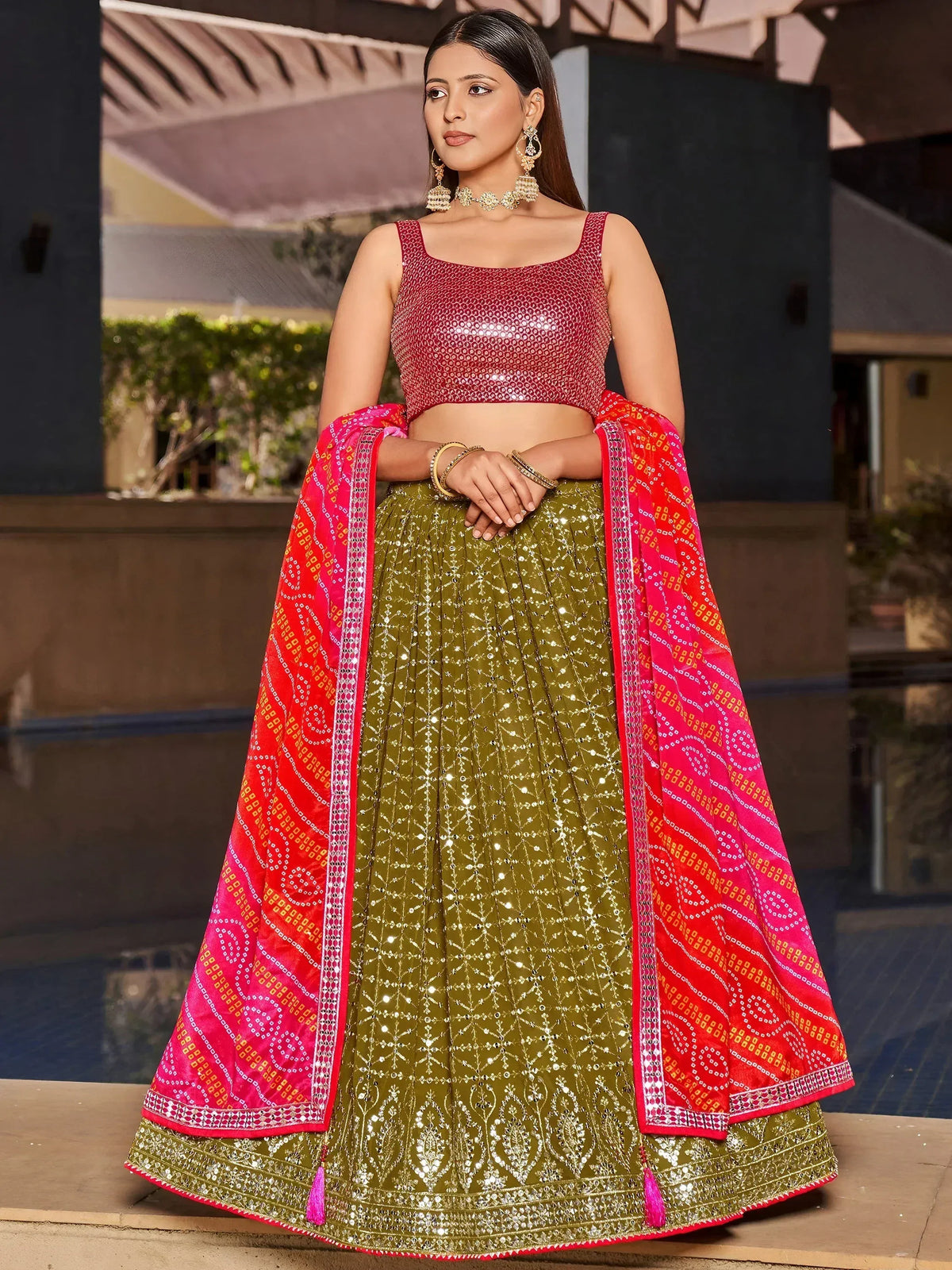 Olive green sequin lehenga with red blouse and dupatta, Indian ethnic wear for women
