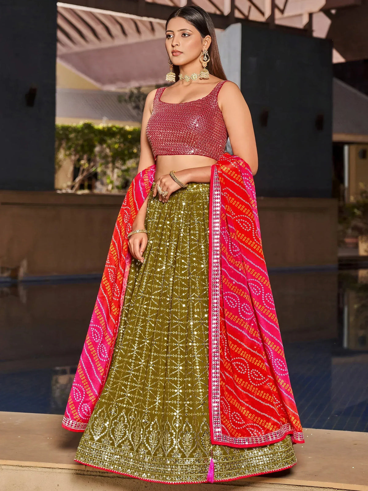 Olive green sequin lehenga with red blouse and dupatta, Indian ethnic wear for women