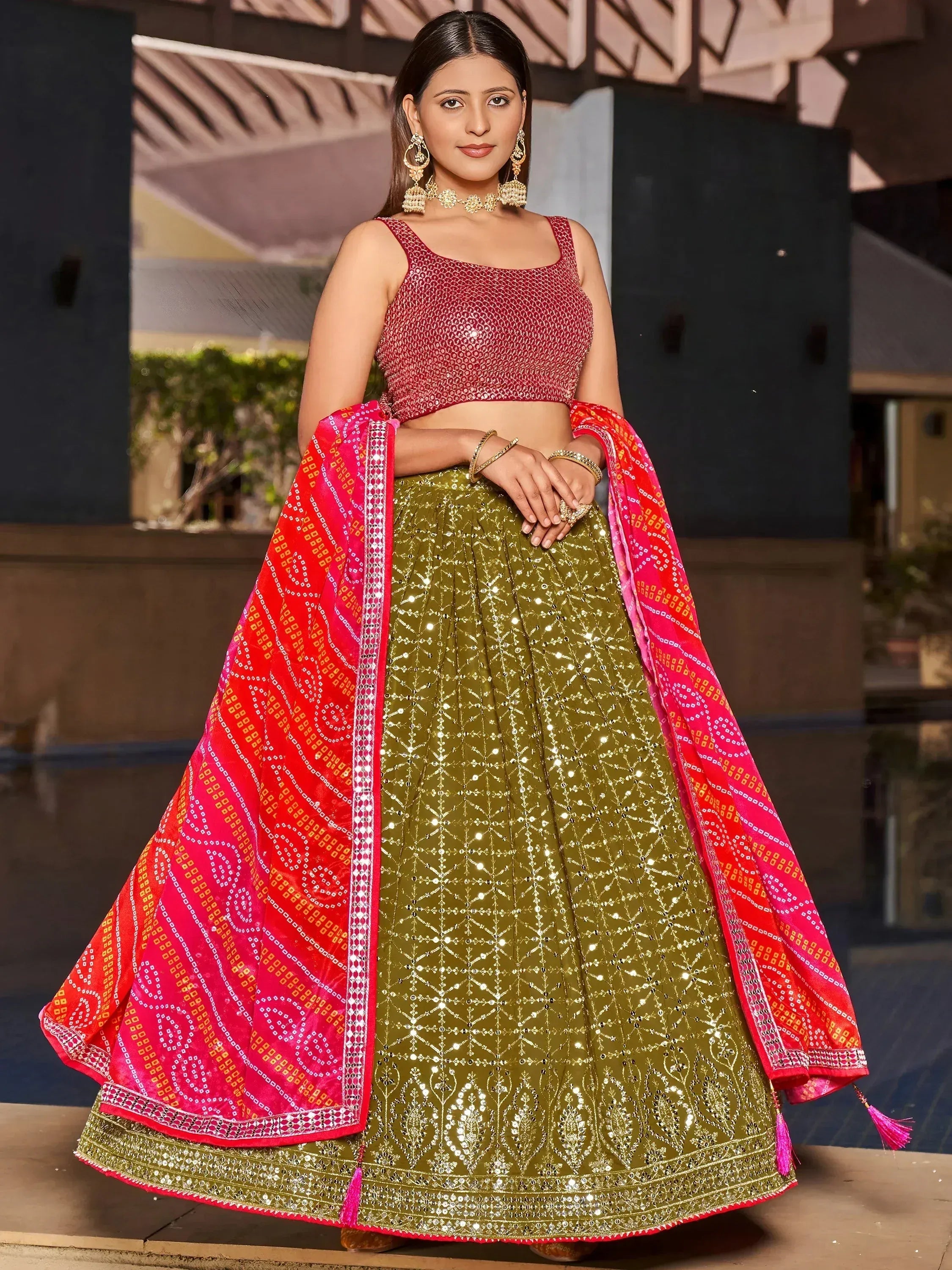 Marvelous Olive Green Sequins Georgette Sangeet Wear Lehenga Choli