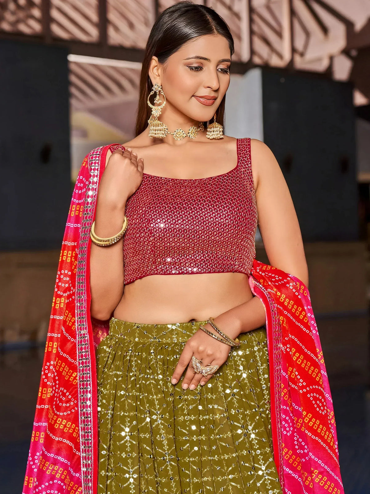 Red sequin crop top with olive green lehenga and printed dupatta, Indian ethnic wear