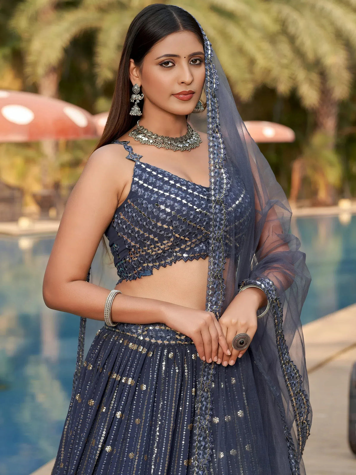 Blue embroidered lehenga choli with dupatta, perfect for Indian ethnic wear and festive occasions.