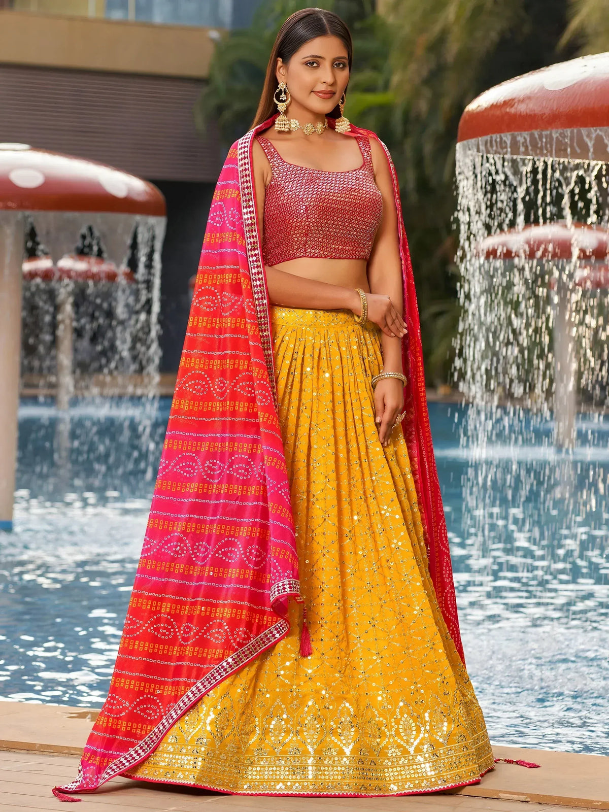 Yellow sequin lehenga choli with pink dupatta, Indian ethnic wear for women