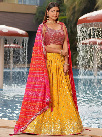 Gorgeous Yellow Sequins Georgette Haldi Wear Lehenga Choli