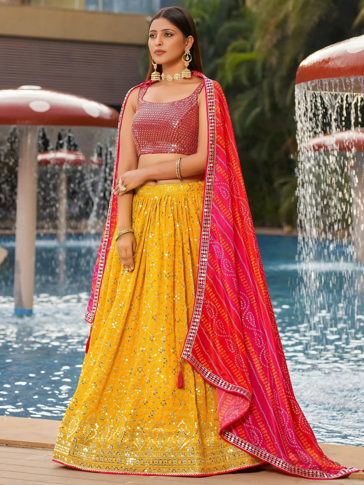 Yellow sequin lehenga with pink blouse and dupatta, Indian ethnic wear for women