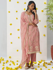 Beautiful Peach Floral Embroidered Organza Silk Festive Wear Pant Suit