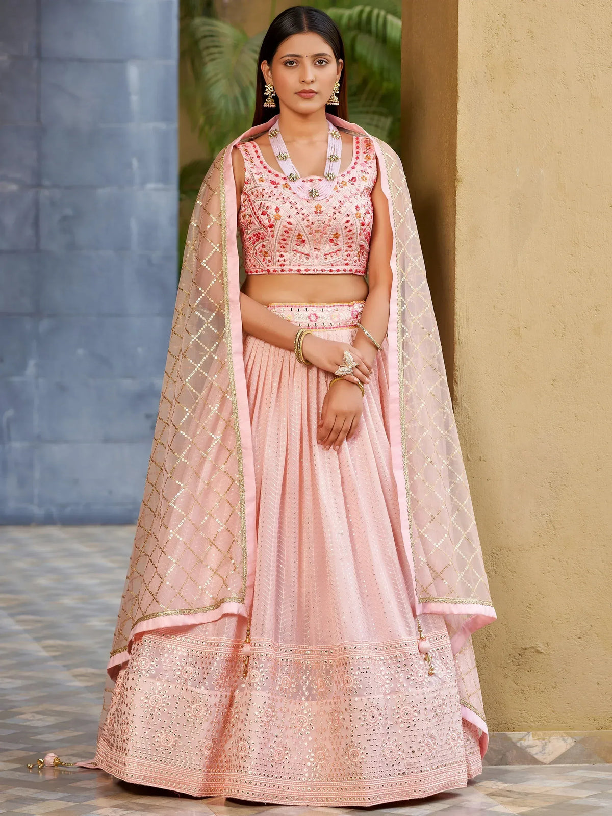 Pink embroidered lehenga choli with gold sequin dupatta, Indian ethnic wear for women