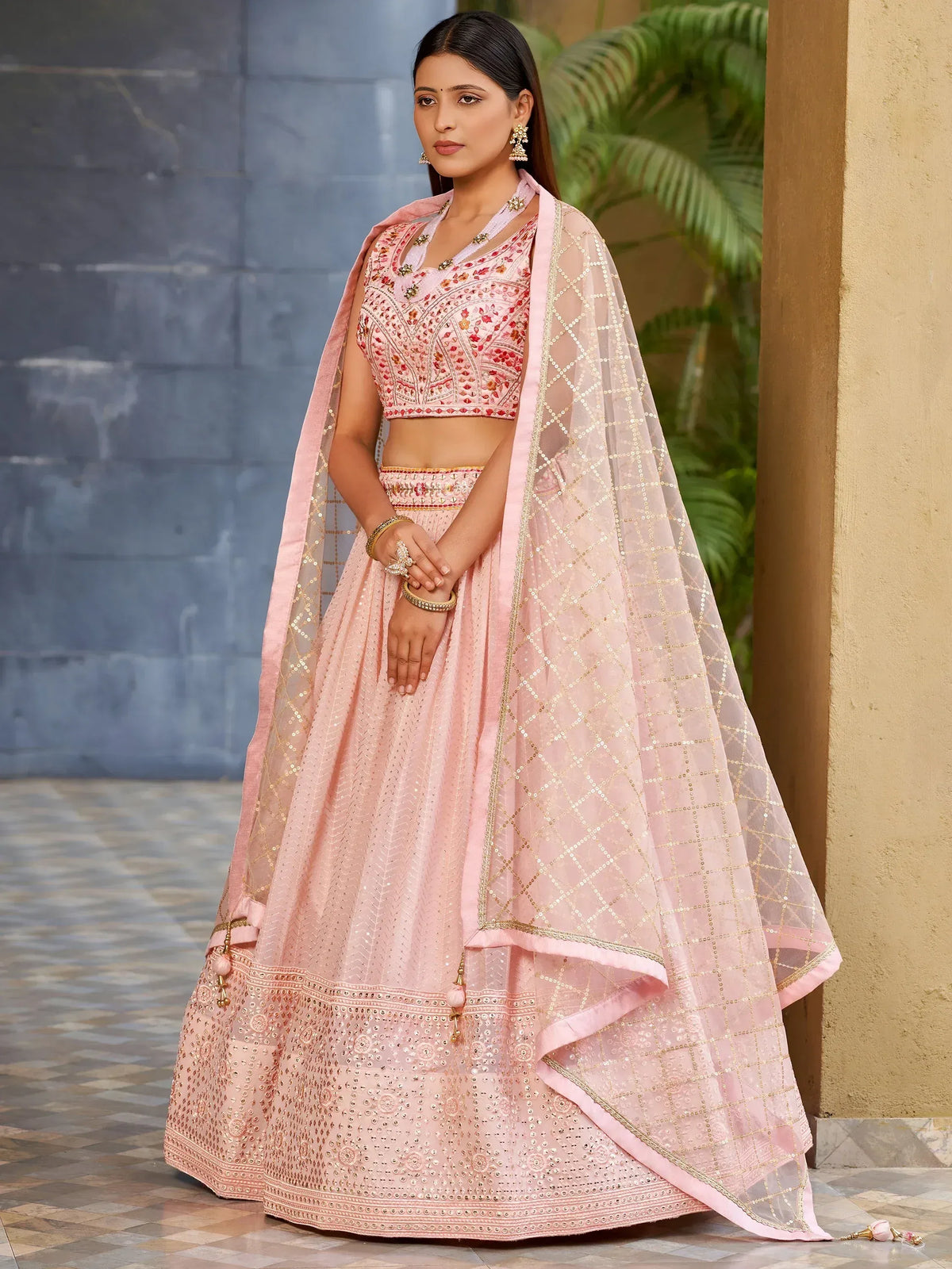 Pink embroidered lehenga choli with gold sequin dupatta, Indian ethnic wear for weddings and festivals