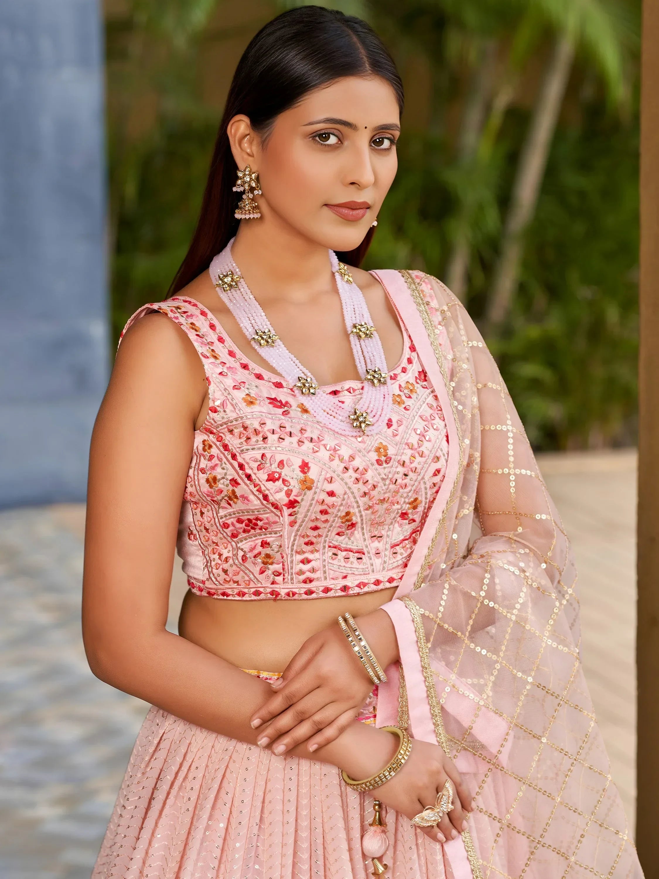 Beautiful Pink Sequins Art Silk Bridesmaid Lehenga Choli With Dupatta