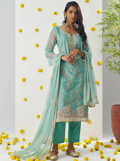 Adorable Pista Green Thread Embroidered Organza Silk Pant Suit With dupatta