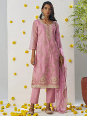 Spectacular Pink Thread Embroidered Organza Silk Party Wear Pant Suit