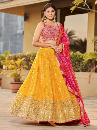 Stunning Yellow Sequins Georgette Wedding Wear Lehenga Choli