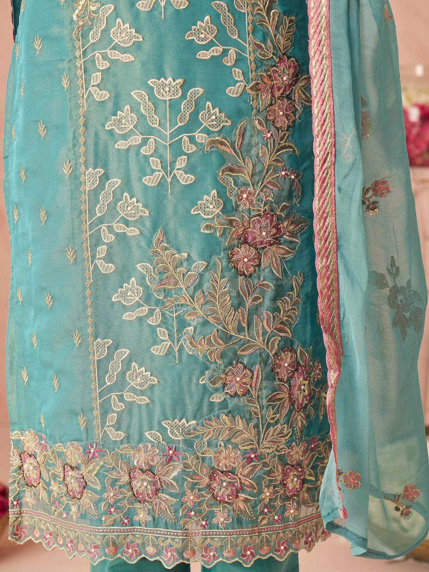 Dazzling Blue Embroidered Organza Festive Wear Straight Suit
