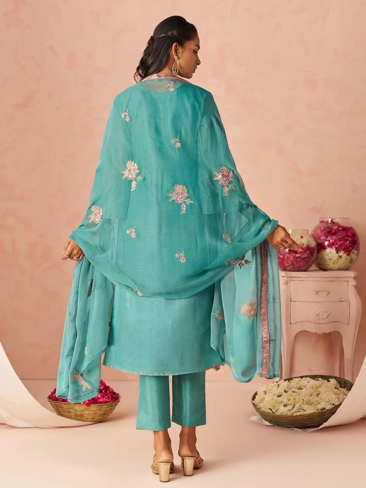 Dazzling Blue Embroidered Organza Festive Wear Straight Suit