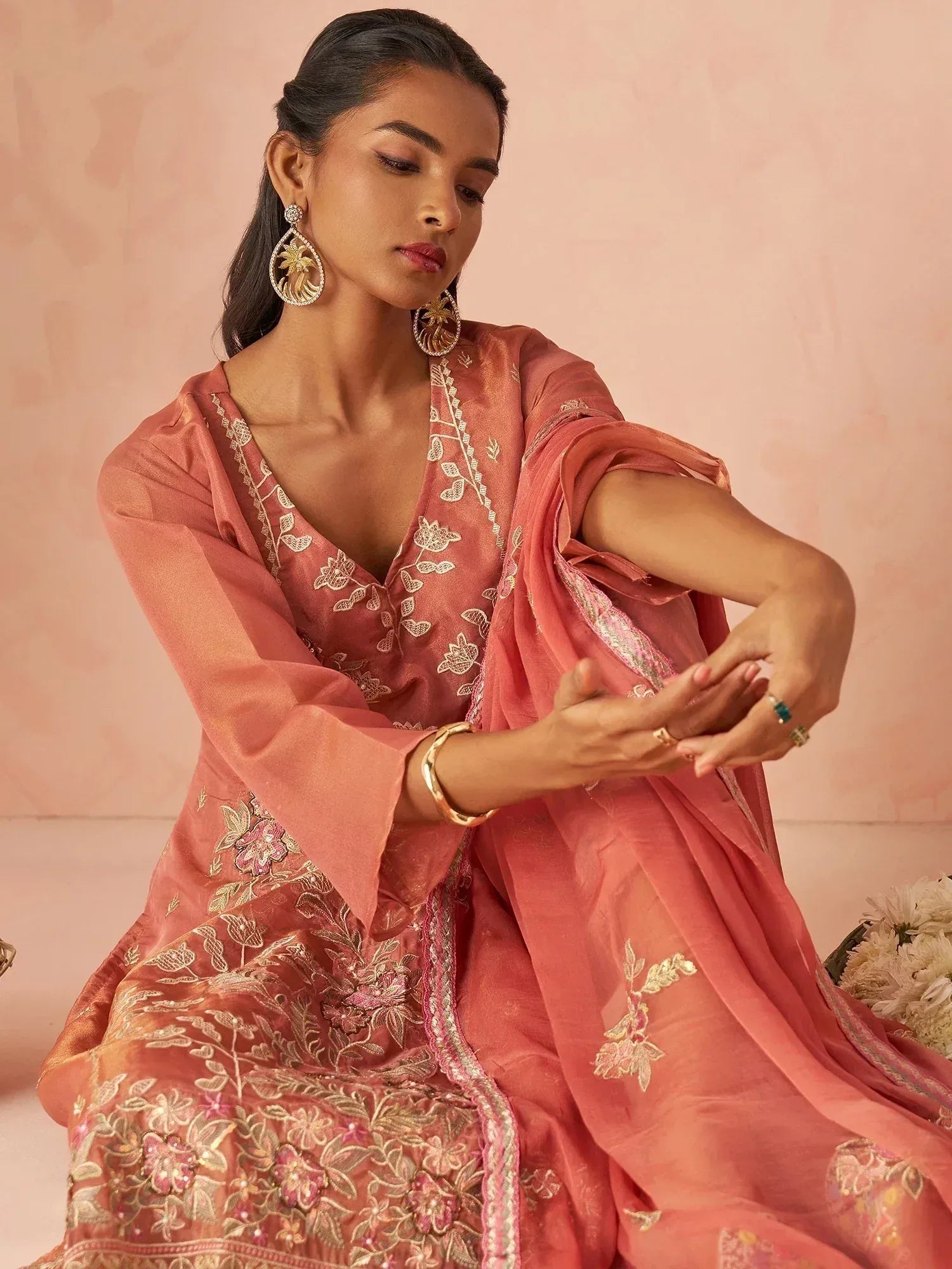 Stunning Peach Embroidered Organza Function Wear Straight Suit