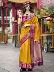 Precious Yellow Zari Weaving Silk Traditional Wear Saree With Blouse