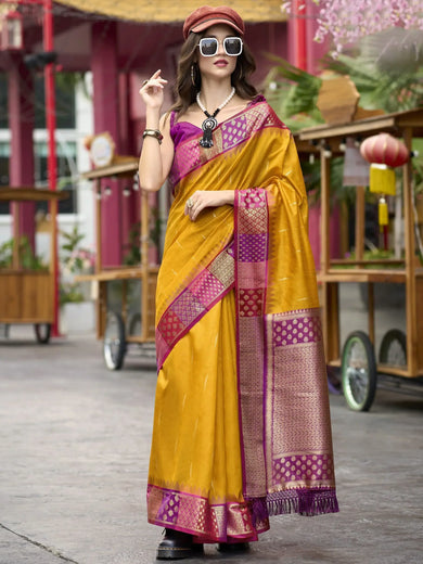 Precious Yellow Zari Weaving Silk Traditional Wear Saree With Blouse