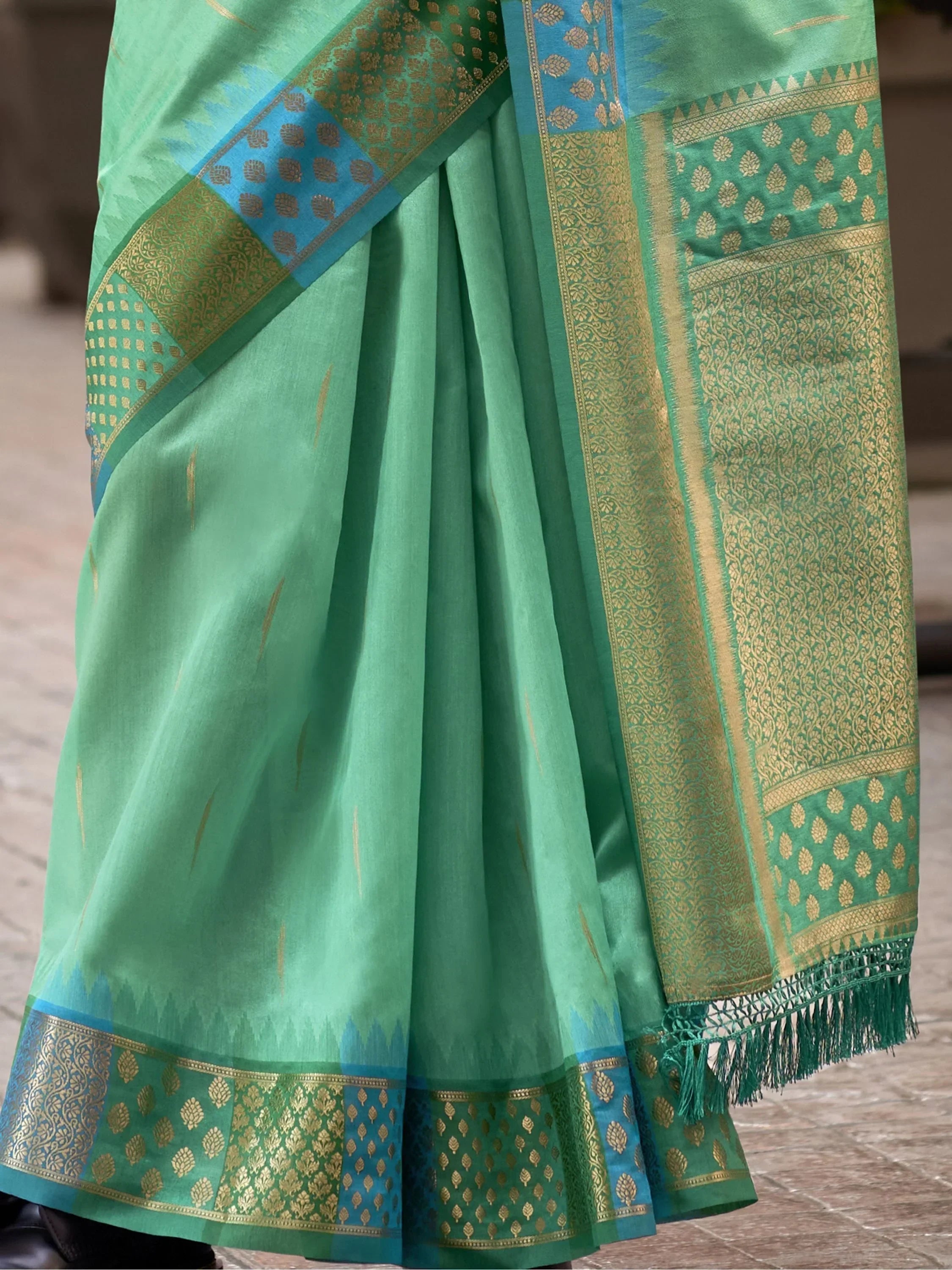 Awesome Sea Green Zari Weaving Silk Event Wear Saree With Blouse