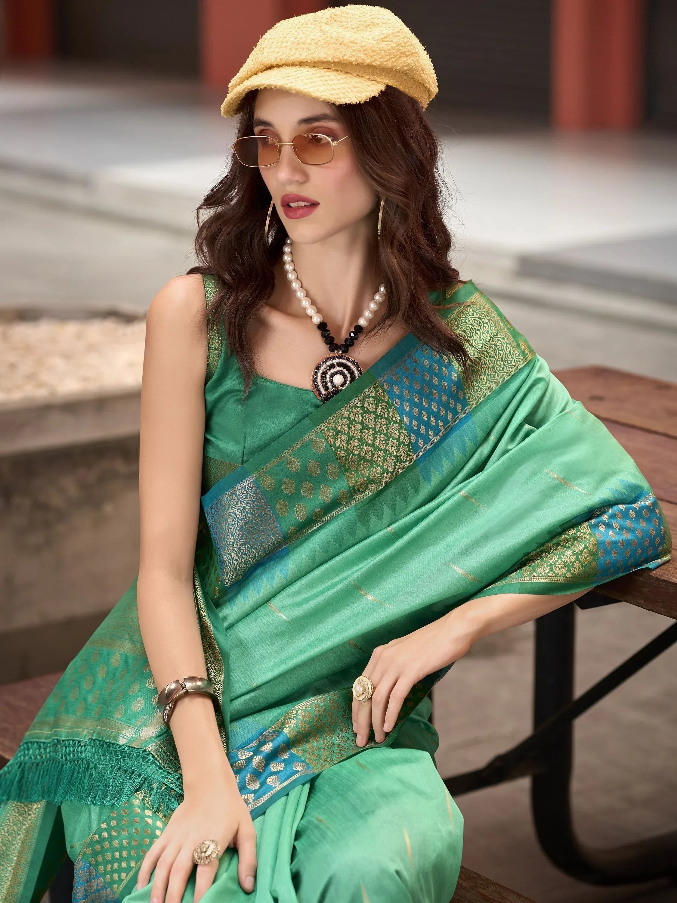 Awesome Sea Green Zari Weaving Silk Event Wear Saree With Blouse