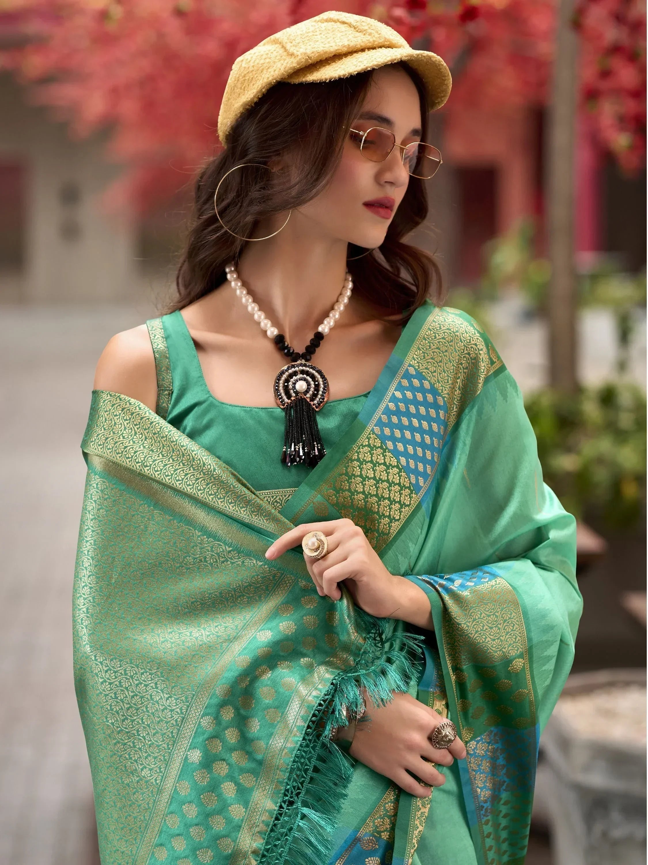 Awesome Sea Green Zari Weaving Silk Event Wear Saree With Blouse