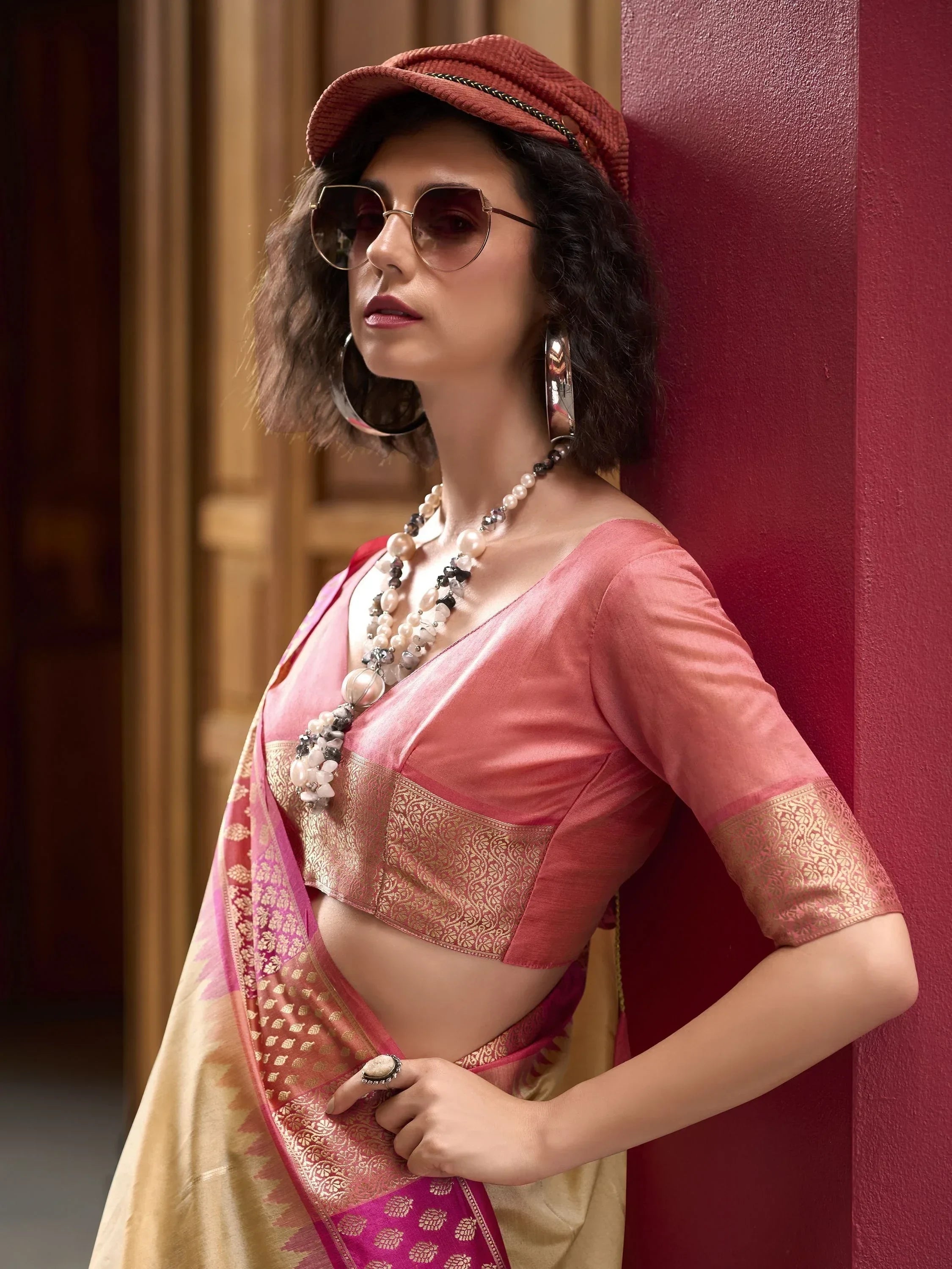 Astonishing Cream Zari Weaving Silk Wedding Wear Saree With Blouse
