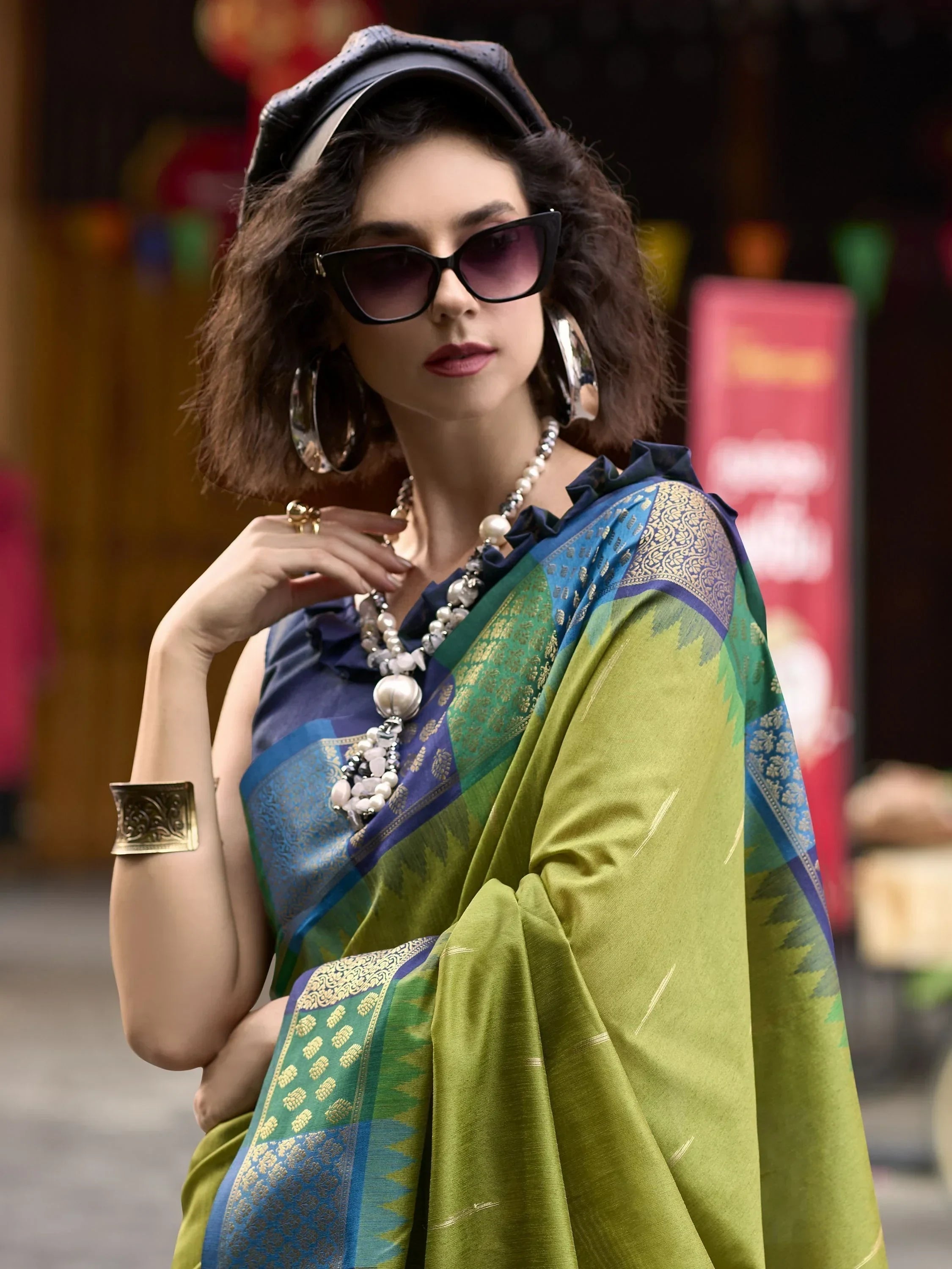 Unique Olive Green Zari Weaving Silk Wedding Wear Saree With Blouse