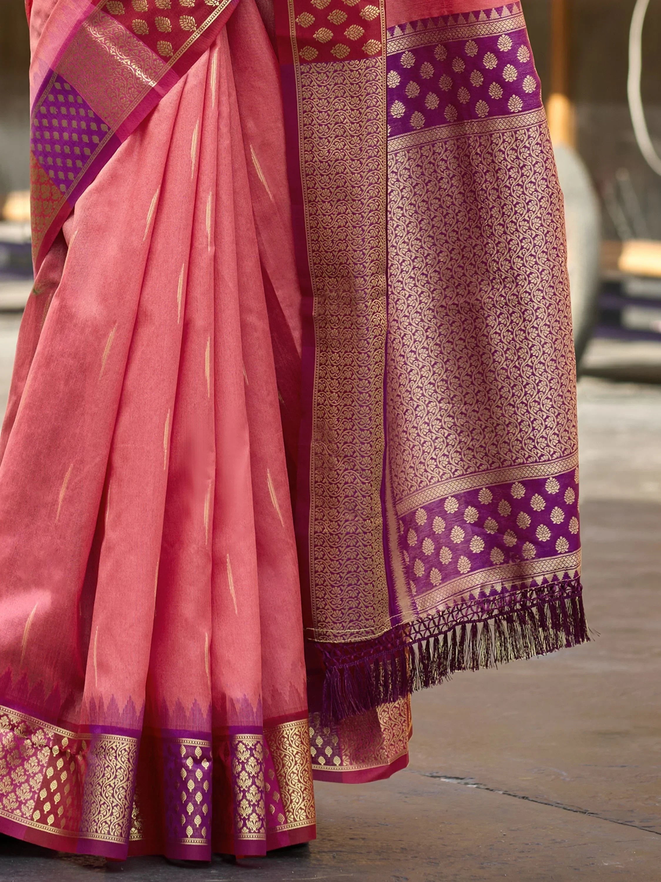 Impressive Coral Red Zari Weaving Silk Event Wear Saree With Blouse