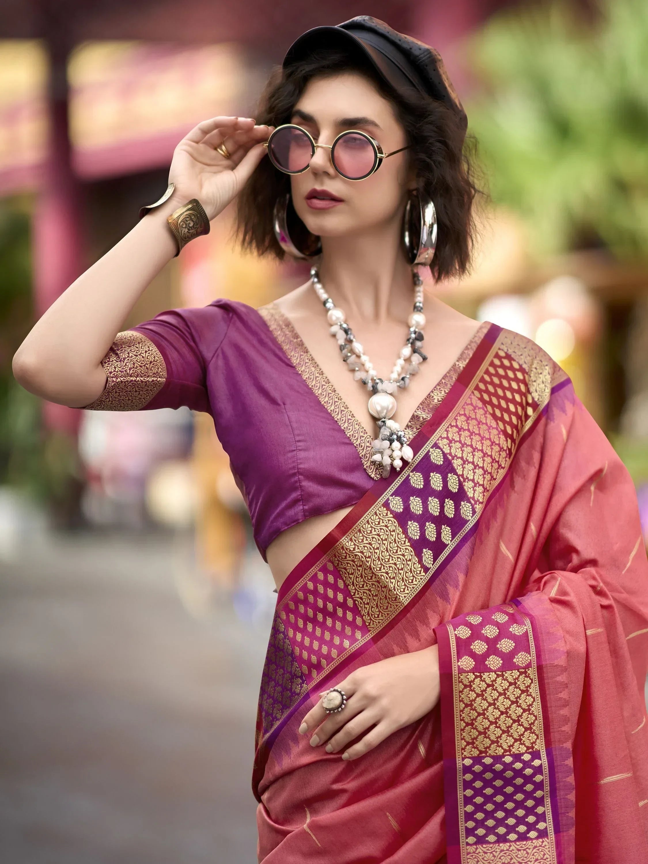 Impressive Coral Red Zari Weaving Silk Event Wear Saree With Blouse