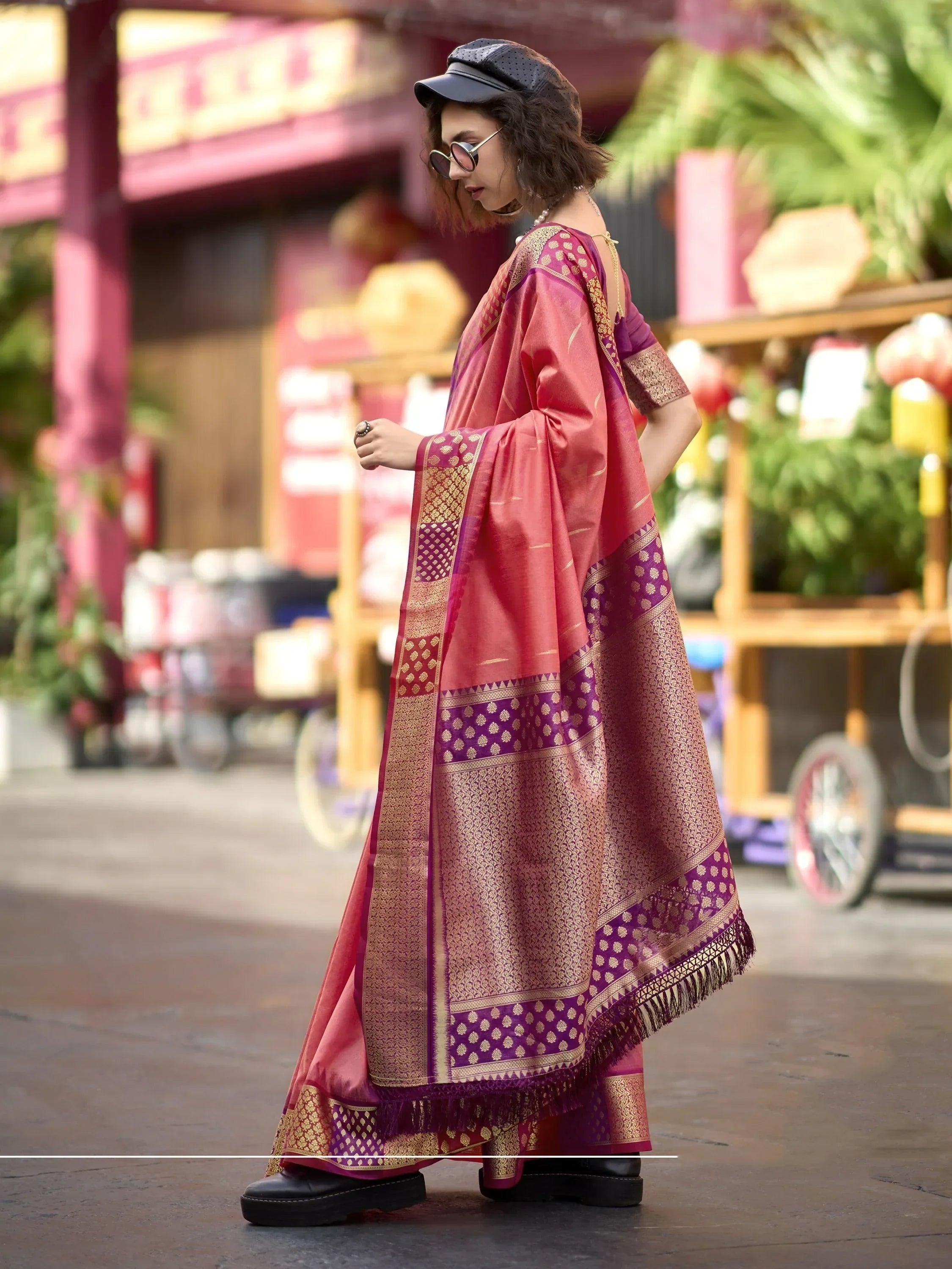 Impressive Coral Red Zari Weaving Silk Event Wear Saree With Blouse
