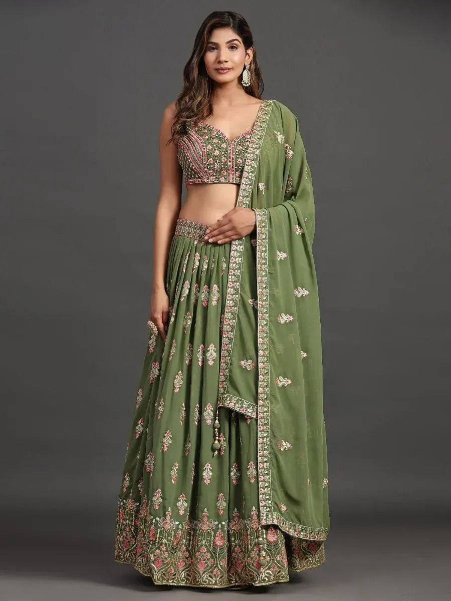 Olive green embroidered lehenga choli with floral motifs and matching dupatta for Indian ethnic wear