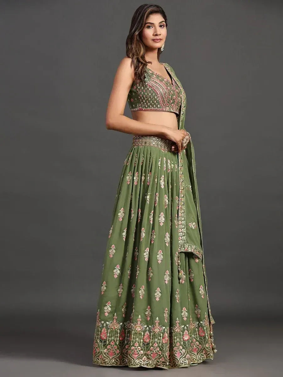 Green floral embroidered lehenga choli with matching dupatta, Indian ethnic wear for women