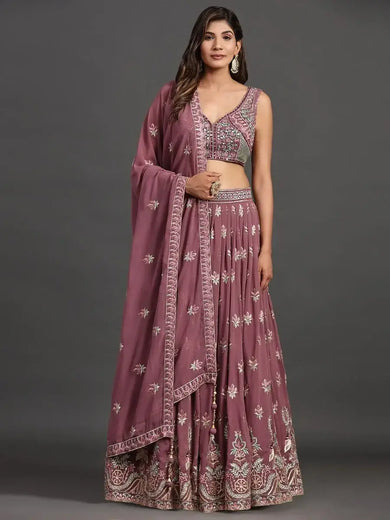 Lovely Lavender Embroidered Georgette Lehenga Choli With Dupatta