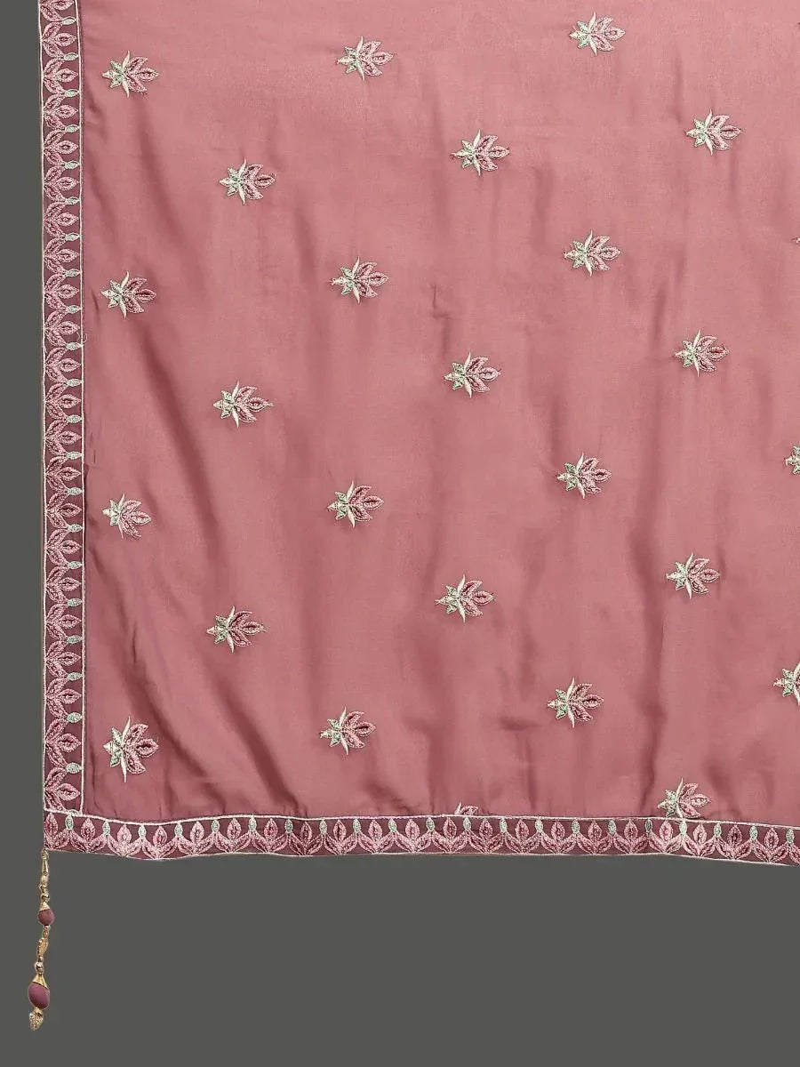 Pink embroidered dupatta with floral motifs and tassel border for ethnic wear