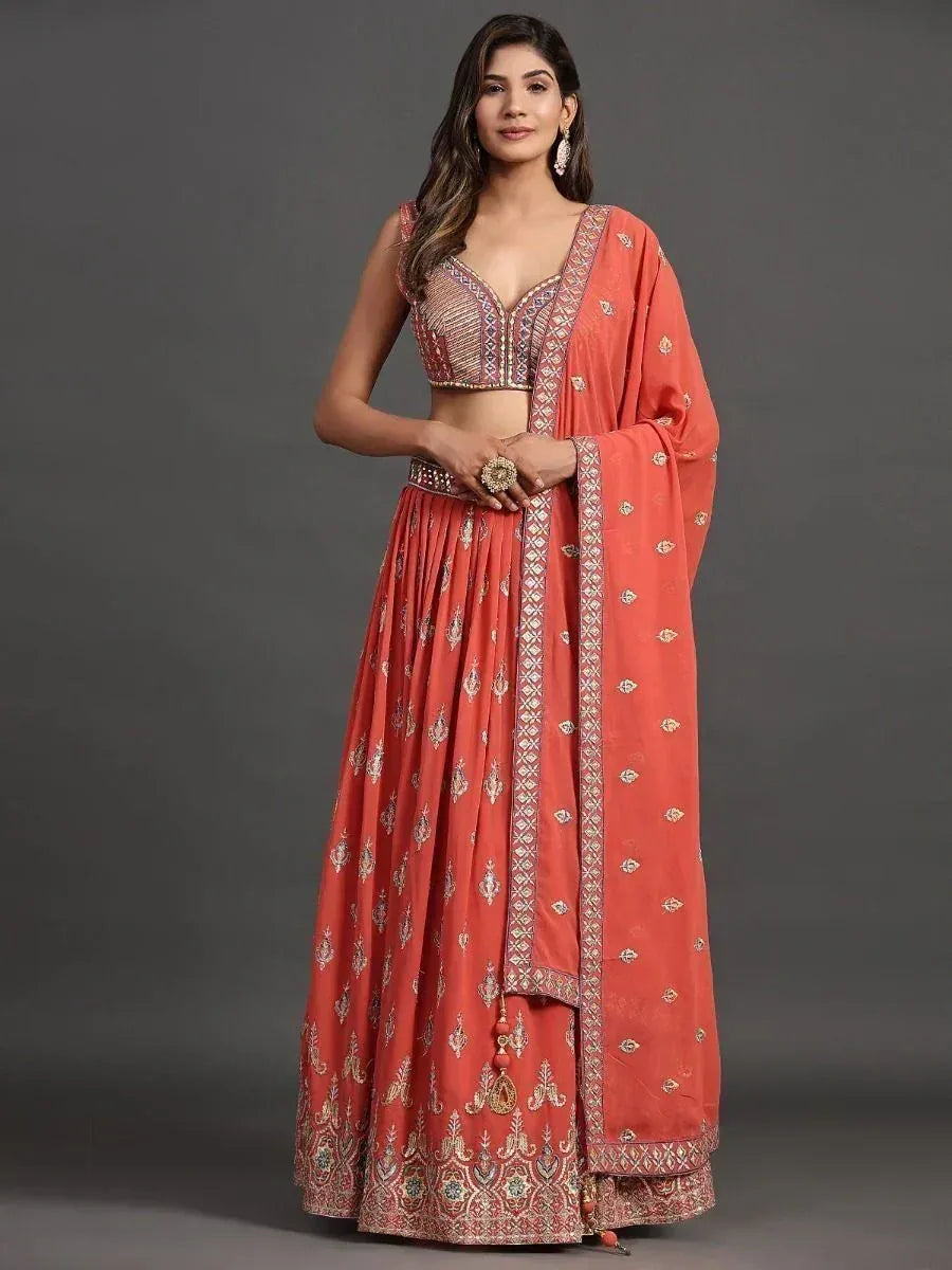 Coral embroidered lehenga choli with dupatta, Indian ethnic wear for weddings and parties