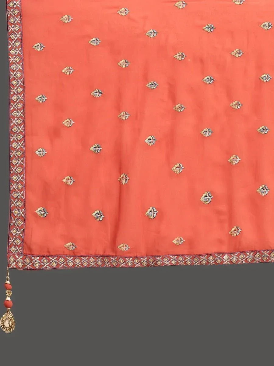 Coral ethnic dupatta with gold floral embroidery and tassel border for Indian wear