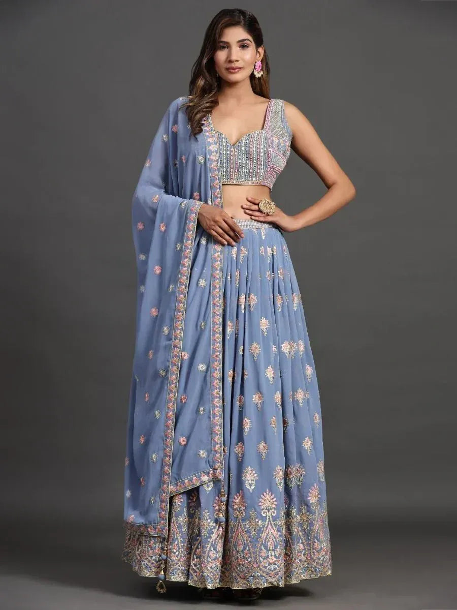 Blue embroidered lehenga choli with floral dupatta, Indian ethnic wear for women